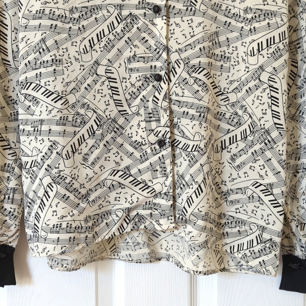 Pendleton 90's Vintage Silky Sheet Music Print Button Down Blouse Cream Black 4 - Picture 7 of 11